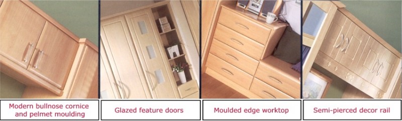 Bedroom accessories include: Modern bulnose cornice & pelment mouldings, glazed feature doors, moulded edge worktops & semi-pierced decor rails.